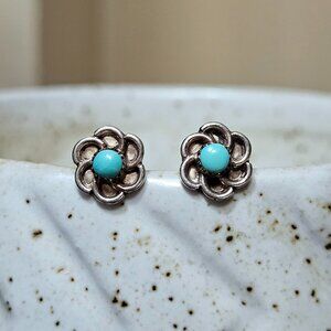 Small Native American Sterling Silver Turquoise Flower Stud Earrings